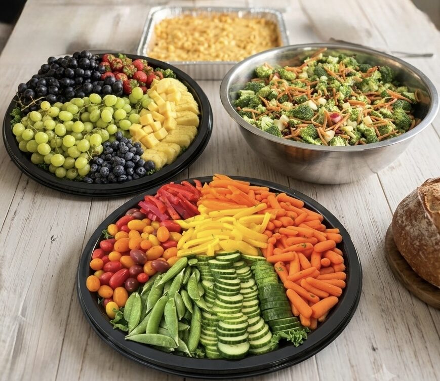 Catering trays of fresh fruit, broccoli salad, crudite and macaroni and cheese